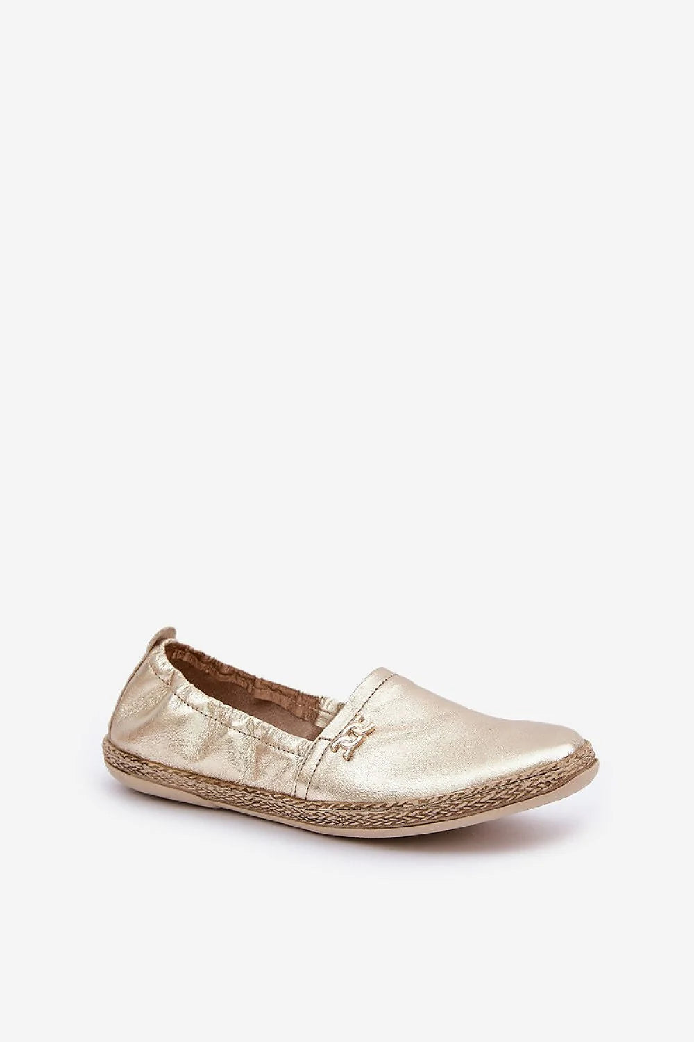 espadrille femme cuir naturel métallisé doré bout amande semelle plate profilée tressée jute chaîne ornement métallique slipon confort rembourrée élégante