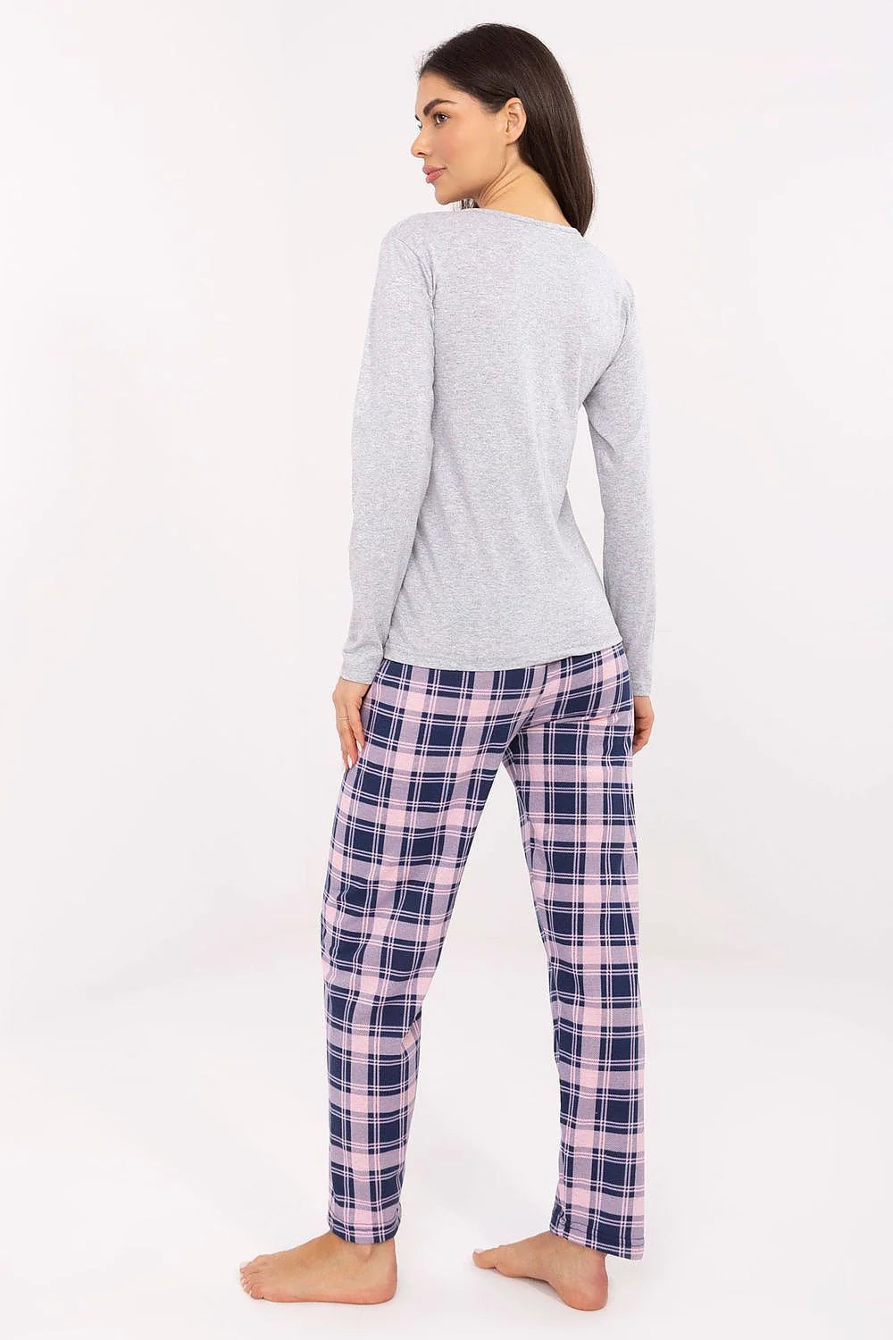 pyjama femme deux pièces haut manches longues encolure ronde patte boutonnée gris chiné pantalon carreaux rose bleu marine flanelle douce