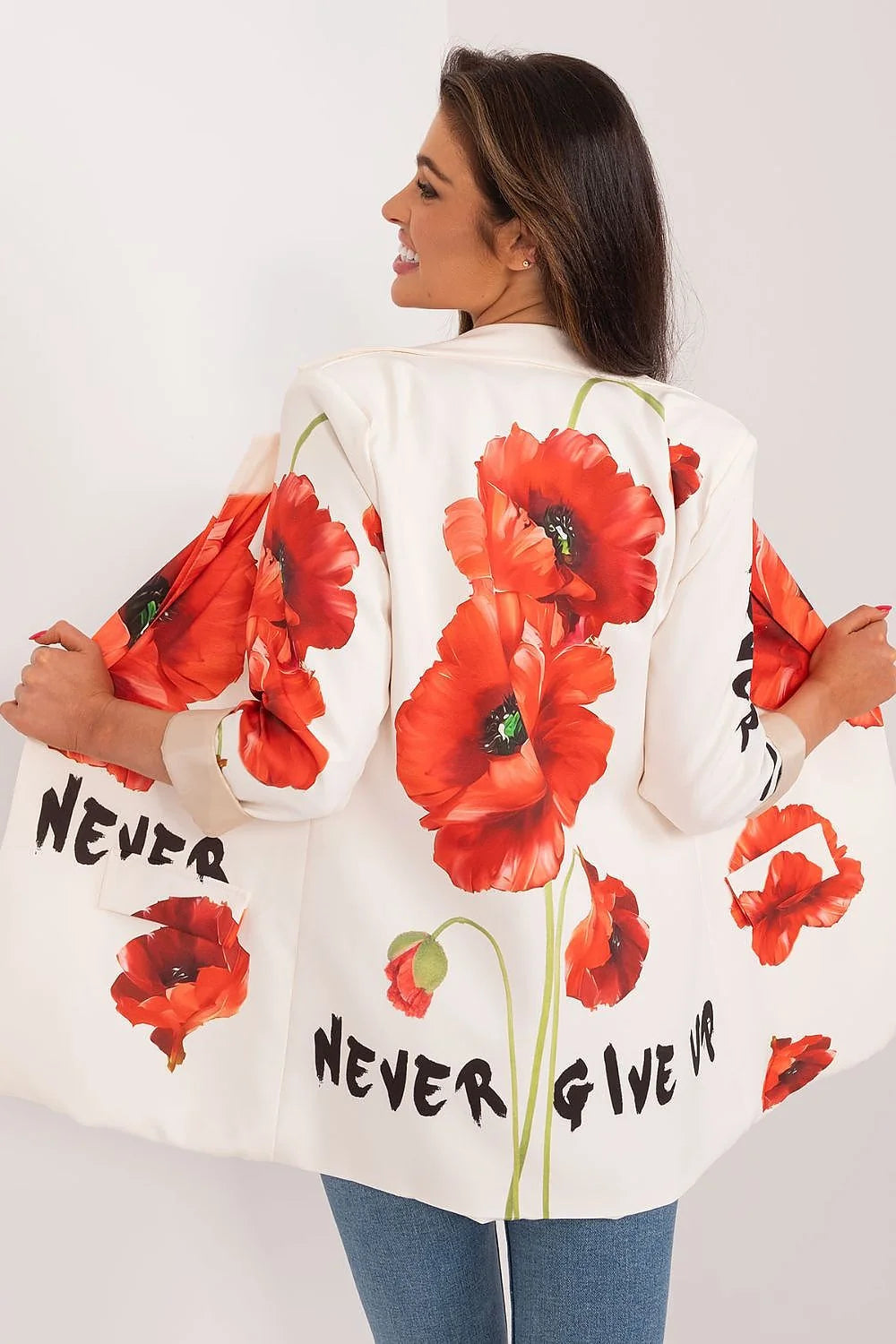 Veste pour femme en polyester imprimé floral coloré style moderne audacieux coupe droite longueur standard manches longues col à revers crantés