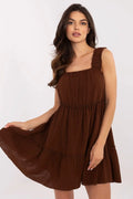 Robe de jour Italy Moda en coton muslin naturel couleur marron chocolat coupe évasée décolleté carré bretelles larges taille ajustable robe été femme