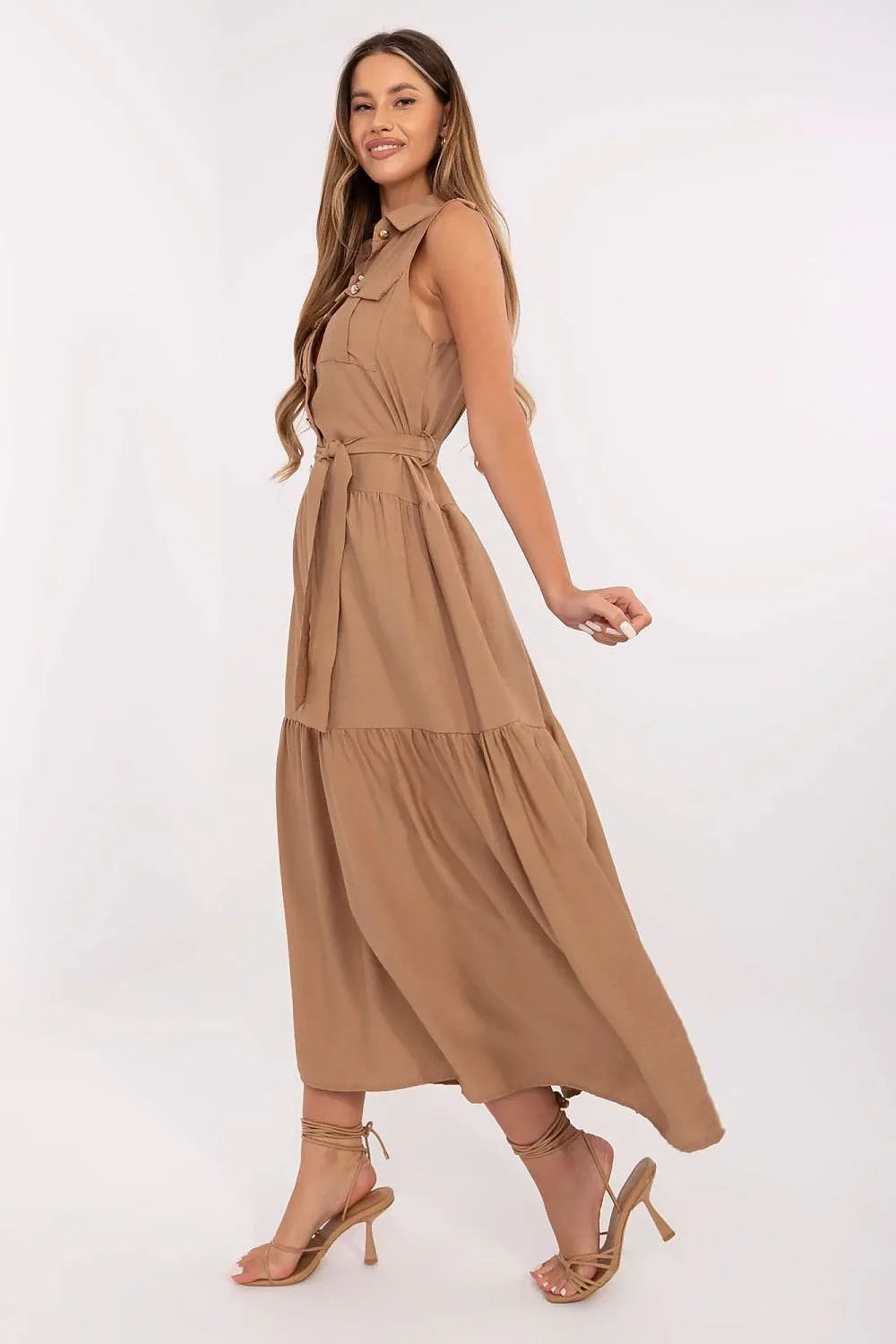 Robe élégante pour femme sans manches longue col classique ceinture ajustable viscose nylon beige mode été
