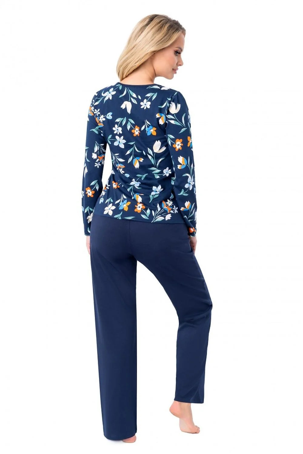 pyjama femme ensemble manches longues col rond imprimé floral multicolore bleu marine pantalon long coton doux extensible ample détente cadeau