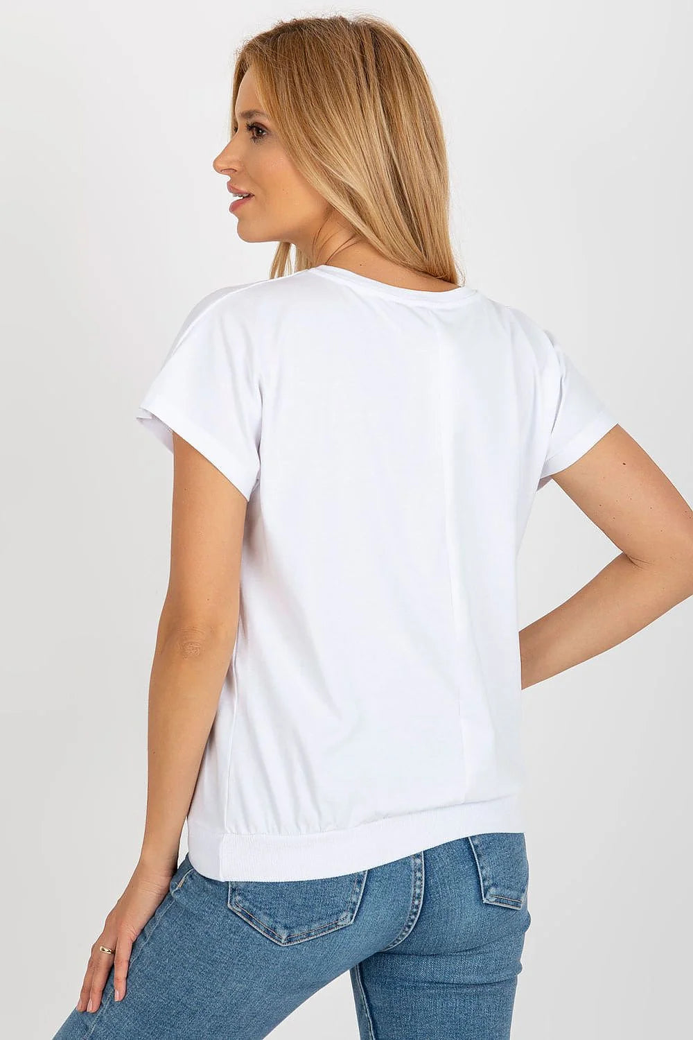 T-shirt femme design moderne graphique plumes doré noir marron col rond manches courtes coton elastane