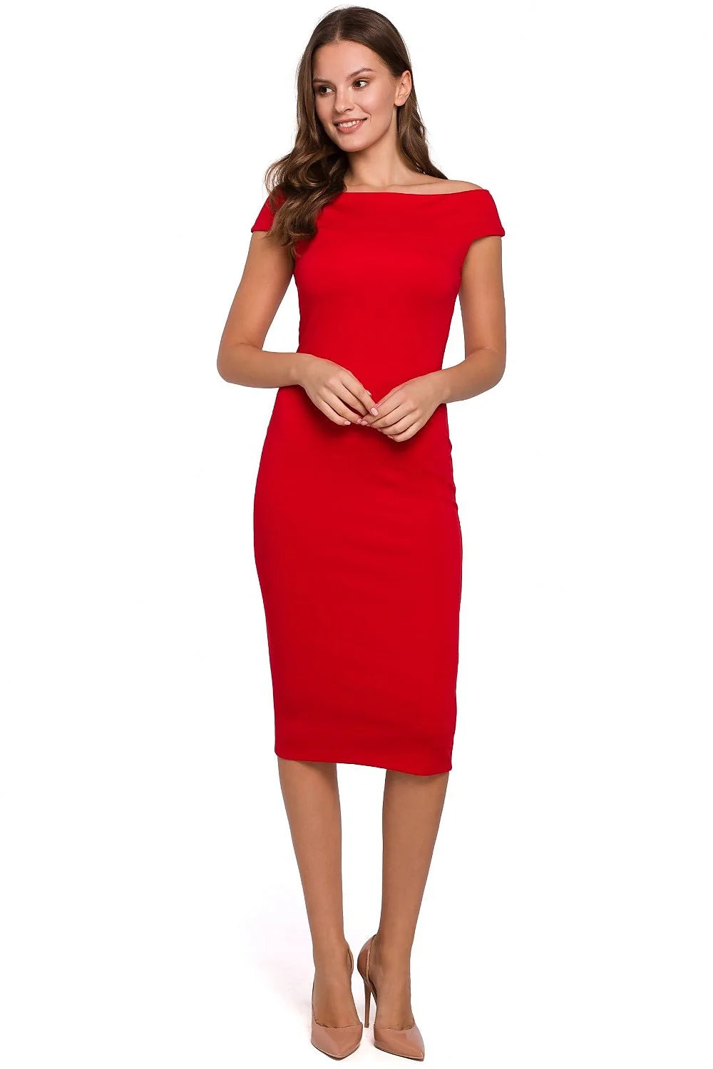 robe midi fourreau bodycon jersey stretch marron foncé bardot épaules dénudées coupe crayon ajustée mi mollet élégante sophistiquée confortable extensible