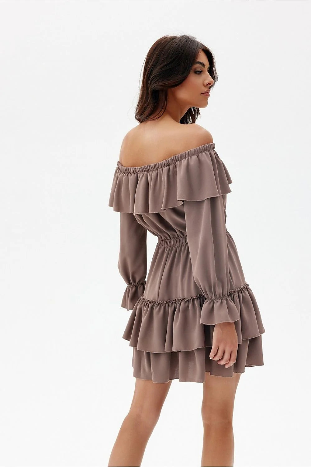 robe Roco Fashion bardot mauve volants multiples manches longues resserrées taille élastique cintrée jupe courte superposée trapèze fluide