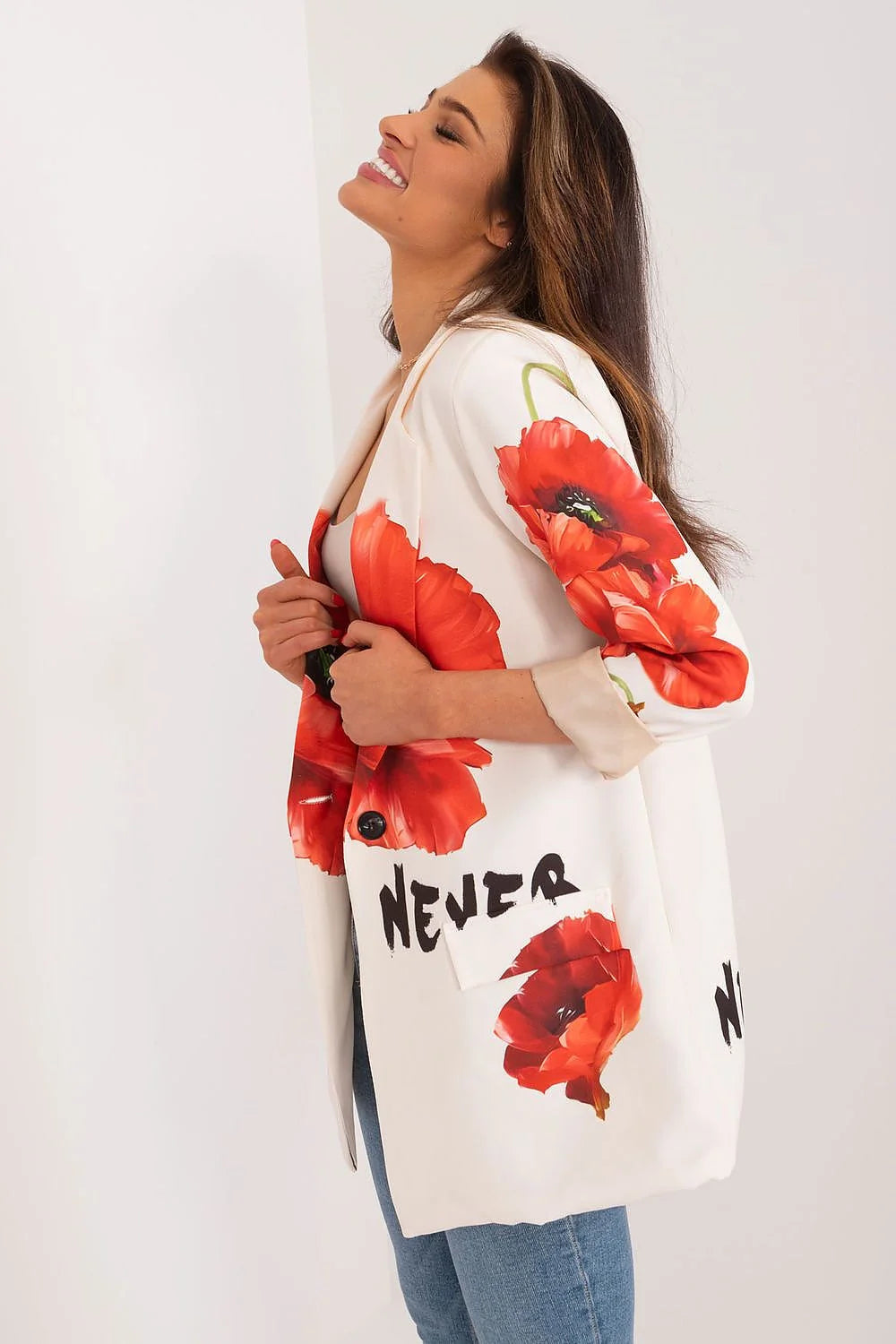 Veste pour femme en polyester imprimé floral coloré style moderne audacieux coupe droite longueur standard manches longues col à revers crantés