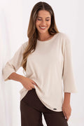 chemisier femme casual beige crème jersey léger fluide coupe ample tunique ourlet arrondi manches trois quarts col rond coton élasthanne