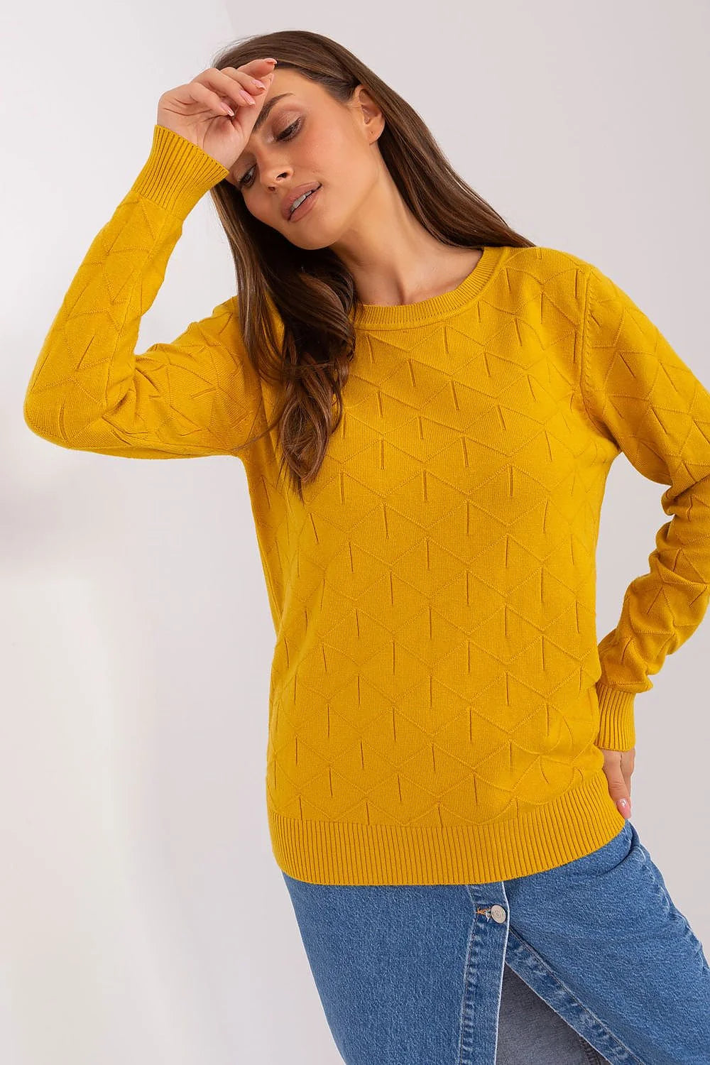 Pull pour femme jaune moutarde maille motif géométrique col rond manches longues coton laine ajusté polyvalent