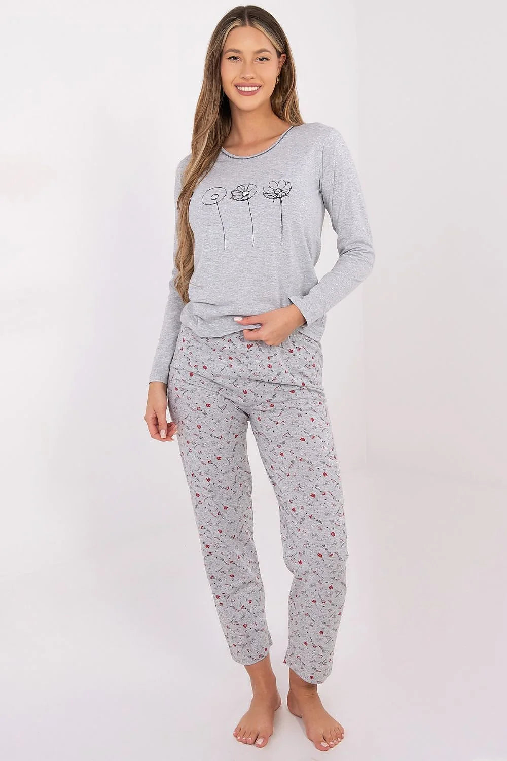 pyjama femme coton doux respirant confortable gris chiné manches longues encolure ronde motif floral linéaire noir pantalon imprimé