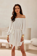 Robe de jour élégante longue manches ballon col Bardot ceinture tissu blanc femme occasion estivale