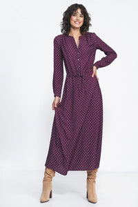 Robe longue pois blancs prune manches longues encolure v taille ajustable spandex soirées femme