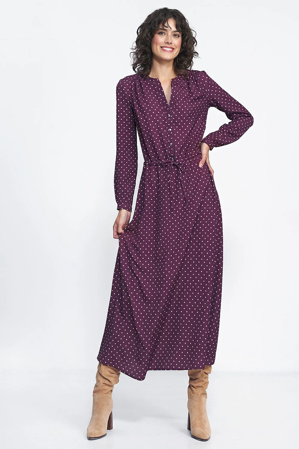 Robe longue à pois blancs prune, taille ajustable, manches longues, encolure V, polyester 97% spandex 3%, office soirées