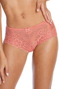 Culotte en dentelle rose saumon floreale taille basse coupe féminine nœud décoratif luxe intime lingerie féminine