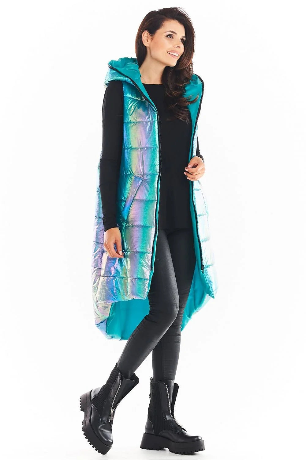 Gilet sans manches irisé synthétique moderne avec capuche pour femmes urbaines tendances en bleu menthe