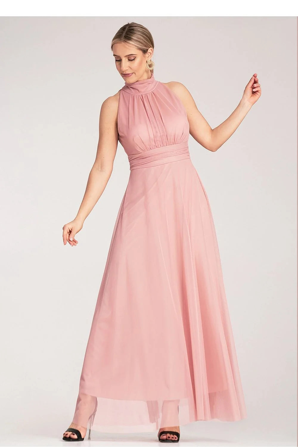 robe cocktail soirée longue sans manches rose poudré taille ajustée chiffon fluide doublée plissée col montant ceinturée évasée