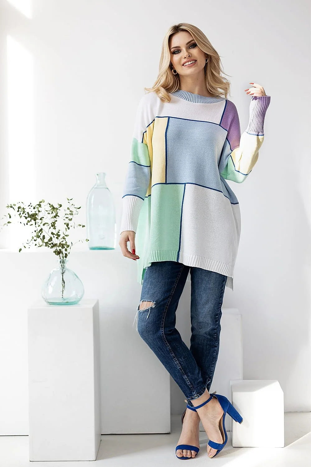 Pull-over patchwork coloré pour femme, ample, manches longues, style casual, coton acrylique, motifs pastel asymétriques, longueur hanches