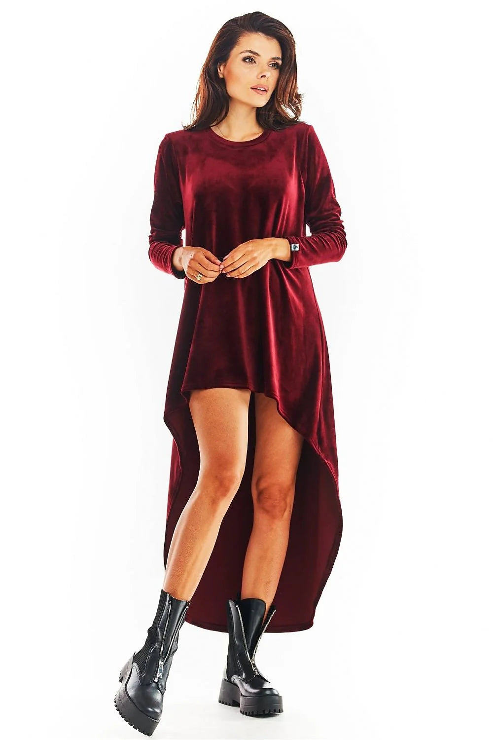 robe jour awama asymétrique velours rose poudré manches longues encolure ronde ourlet court devant long arrière oversize fluide traîne