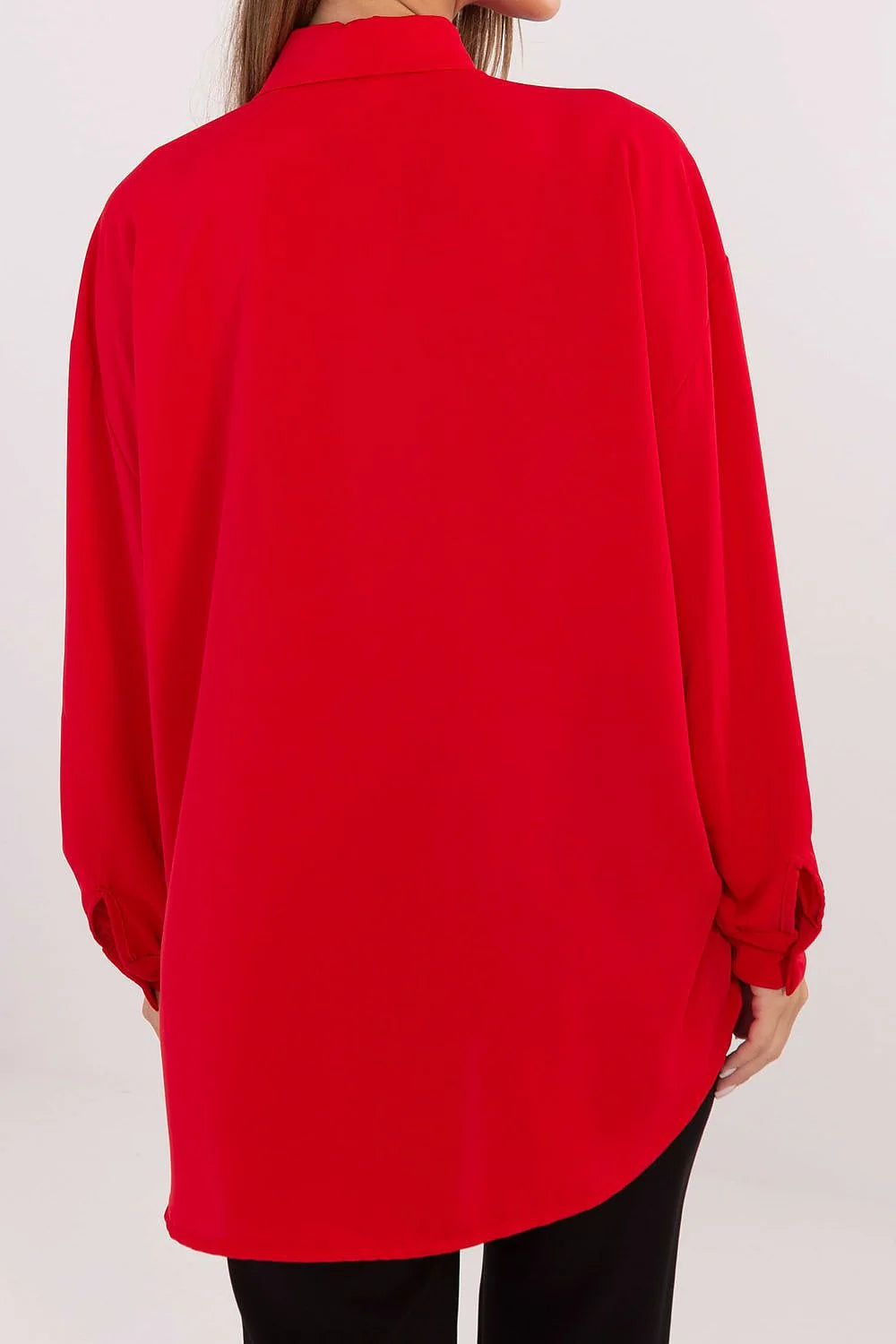 chemisier élégant féminin asymétrique dos long col large jabot subtil manches bouffantes polyester léger ajusté silhouette