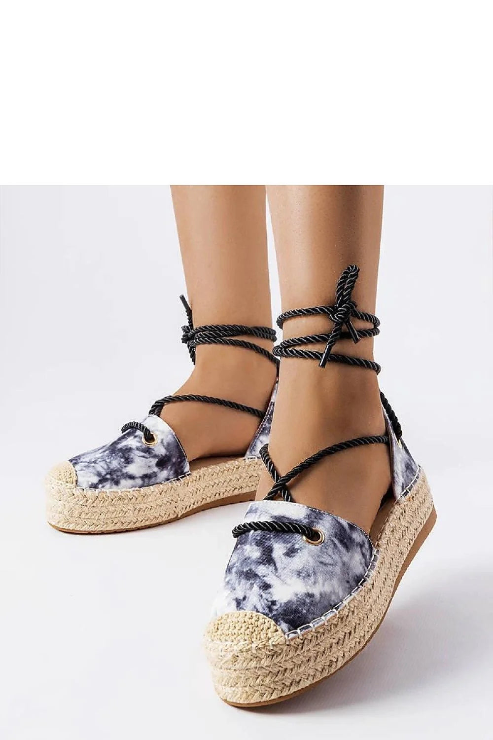 espadrilles Solea femmes tie dye noir blanc toile respirante semelle jute plateforme compensée lacets cheville œillets dorés crochet bride bohème
