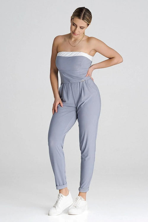 combinaison femme moderne épurée bustier bandeau contrastant blanc gris bleuté jersey extensible élastiquée taille coupe ajustée jambes fuselées ourlets retroussés