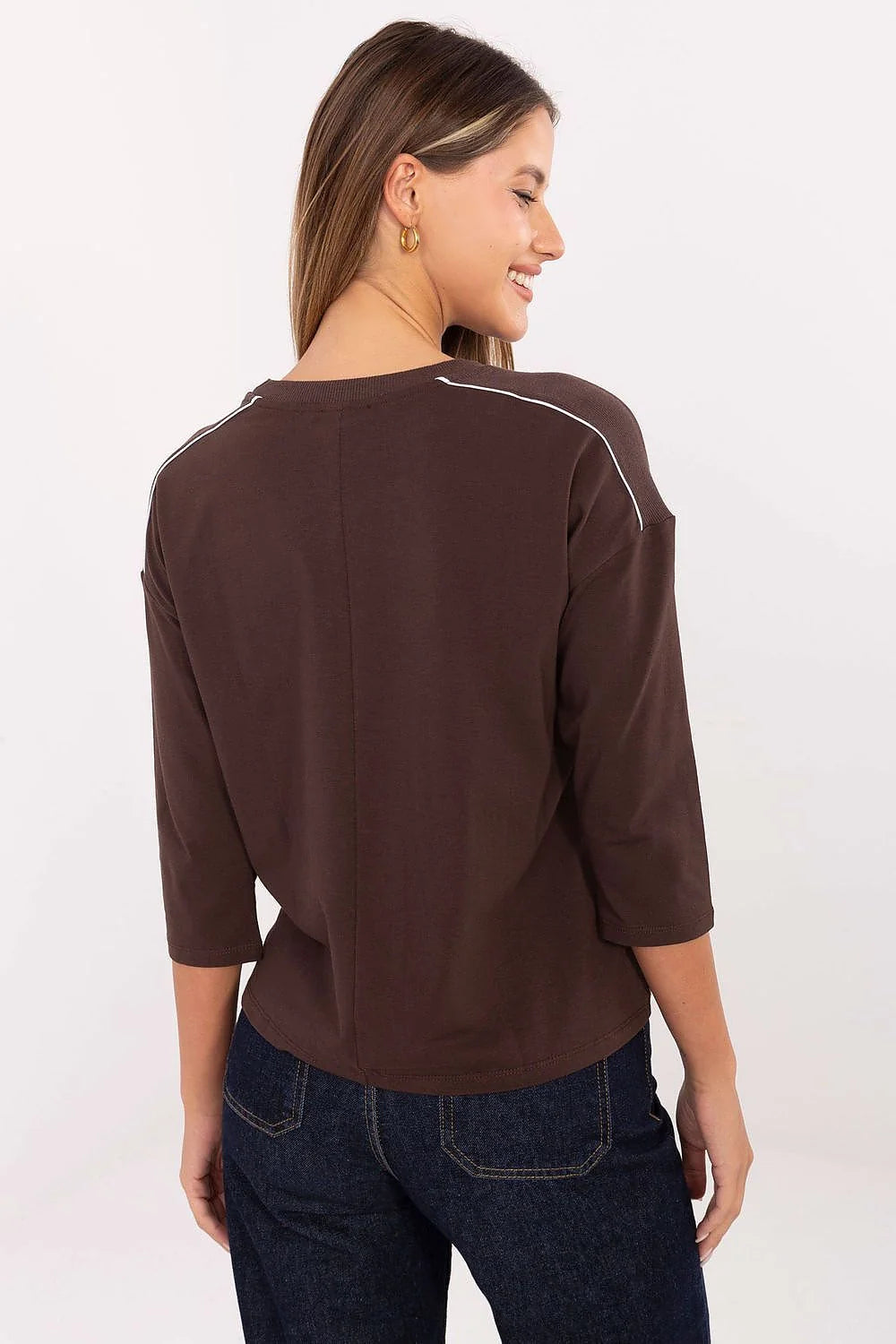chemisier décontracté femme coton doux élasthanne manches troisquarts col rond coupe oversize marron chocolat imprimé LIMITLESS métallisé piping blanc