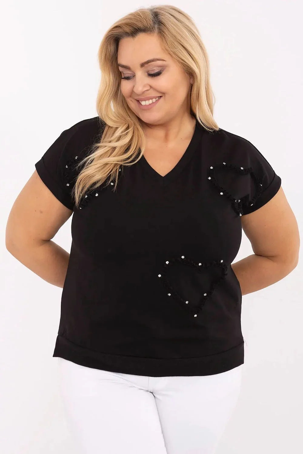 chemisier femme grande taille coton élasthanne stretch encolure V manches courtes coeur zircons perles scintillants noir élégant confortable classique polyvalent
