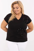 chemisier femme grande taille coton élasthanne stretch encolure V manches courtes coeur zircons perles scintillants noir élégant confortable classique polyvalent