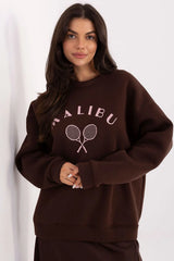sweatshirt femme oversize chocolat molletonné coton manches longues col rond broderie rose MALIBU raquettes croisées côtelées poignets bas confortable stylé