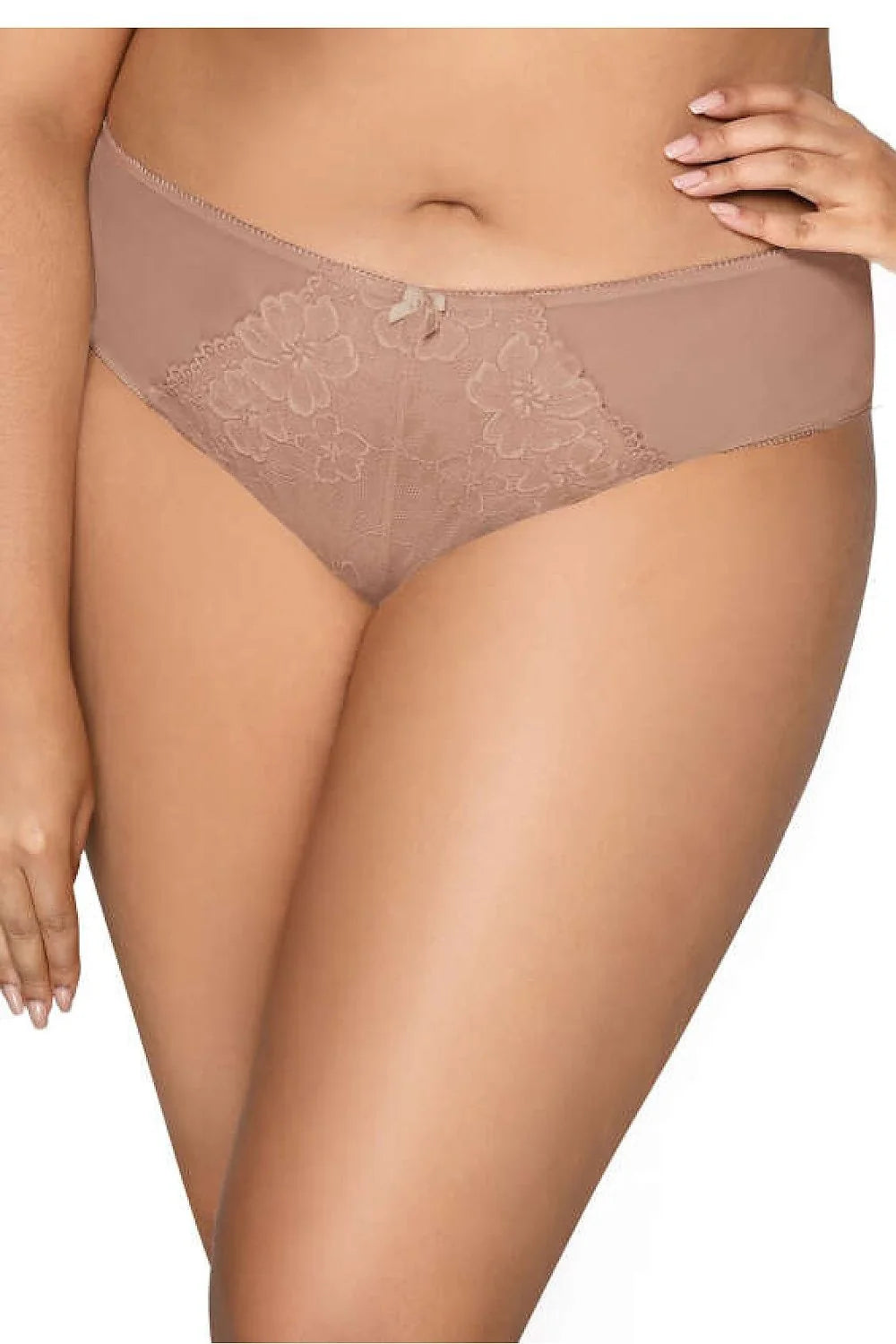 culotte classique femme dentelle florale cappuccino nude microfibre lisse maintien elastique ceinture noeud decoratif couvrante confortable coutures douces
