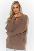 Pull pour femme Chandail Makadamia encolure en V plongeante coupe ample couleur taupe manches longues détails dorés occasionnels versatile