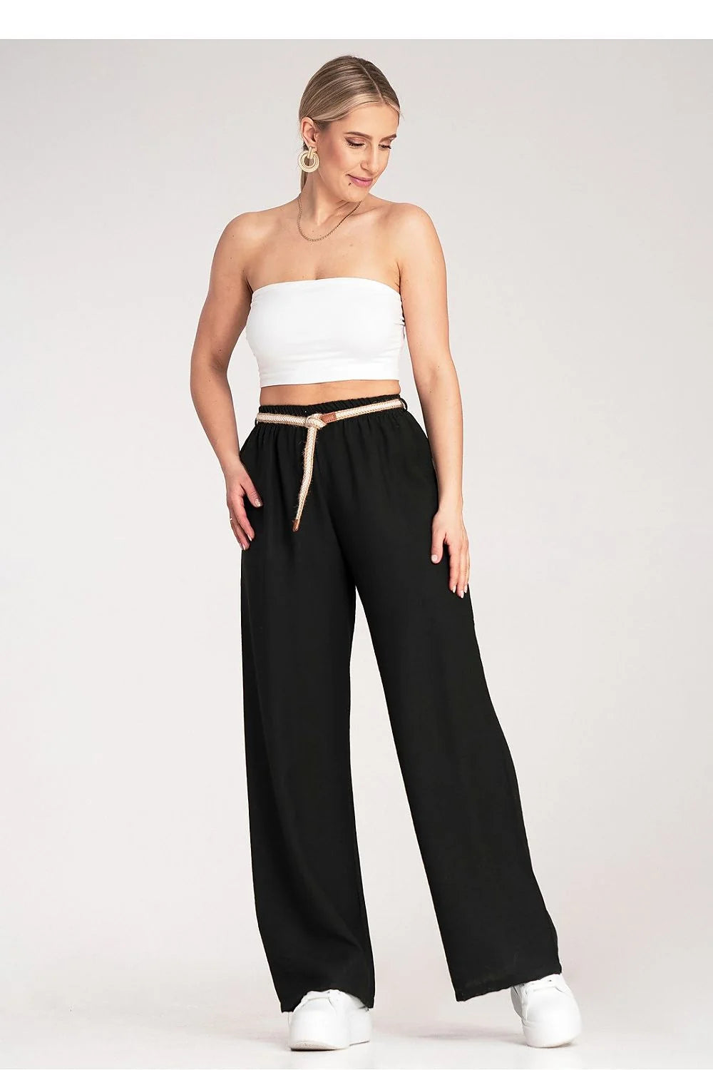 pantalon femme boho palazzo fluide viscose respirant taille élastique ceinture tressée corde beige nouée jambe extra large coupe ample élégante