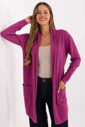 cardigan gilet femme fuchsia maille fine col châle manches longues coupe décontractée poches plaquées bords côtelés ourlet longueur mi cuisse