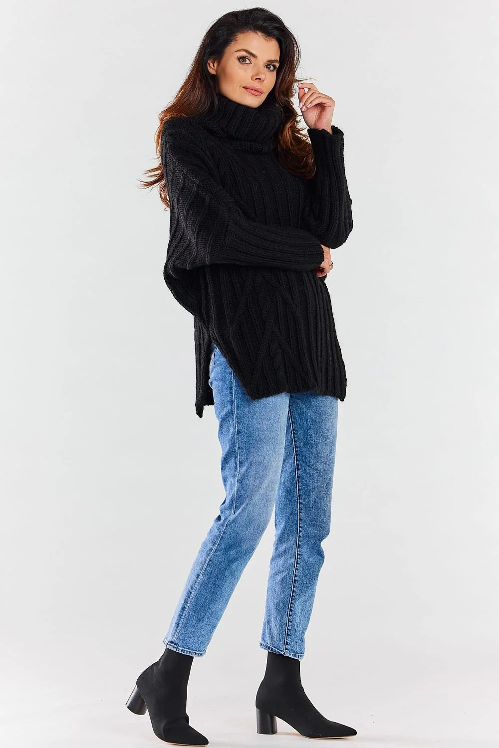 Pull tricoté pour femme col roulé motif côtes asymétriques maille épaisse gris chaleur confort mode automne hiver