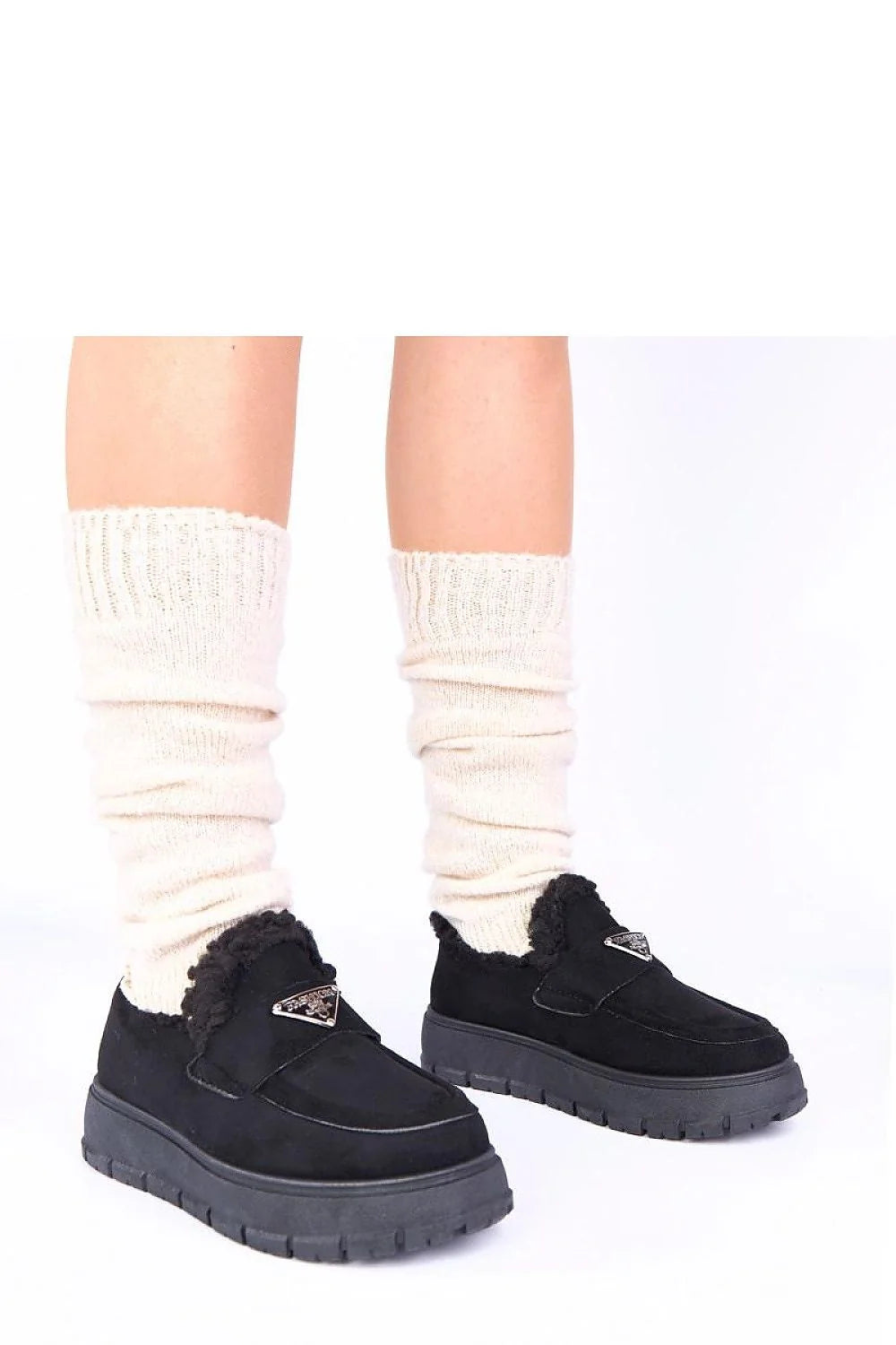mocassins noirs plateforme crantée cuir suédé doublure fourrure synthétique shearling intérieur rembourré semelle antidérapante confortable femme