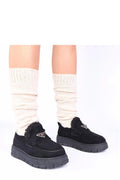 mocassins noirs plateforme crantée cuir suédé doublure fourrure synthétique shearling intérieur rembourré semelle antidérapante confortable femme
