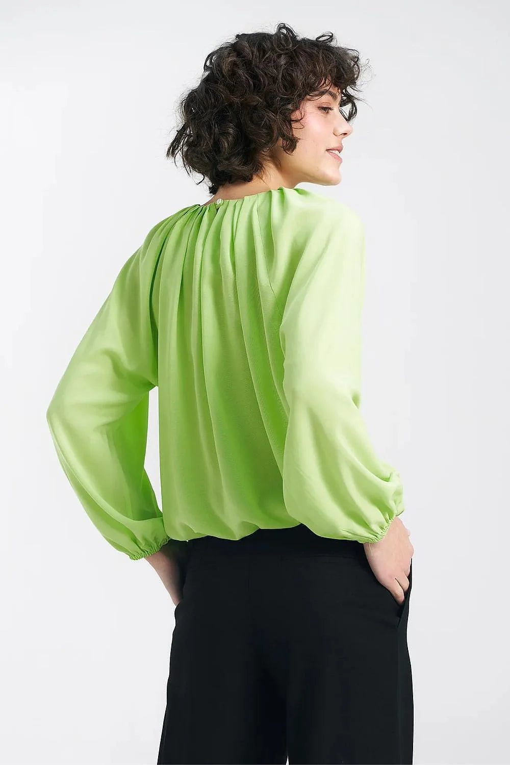 Chemisier Nife pour femme en viscose couleur citron vert coupe ample encolure ronde manches longues élastique poignets occasions多种