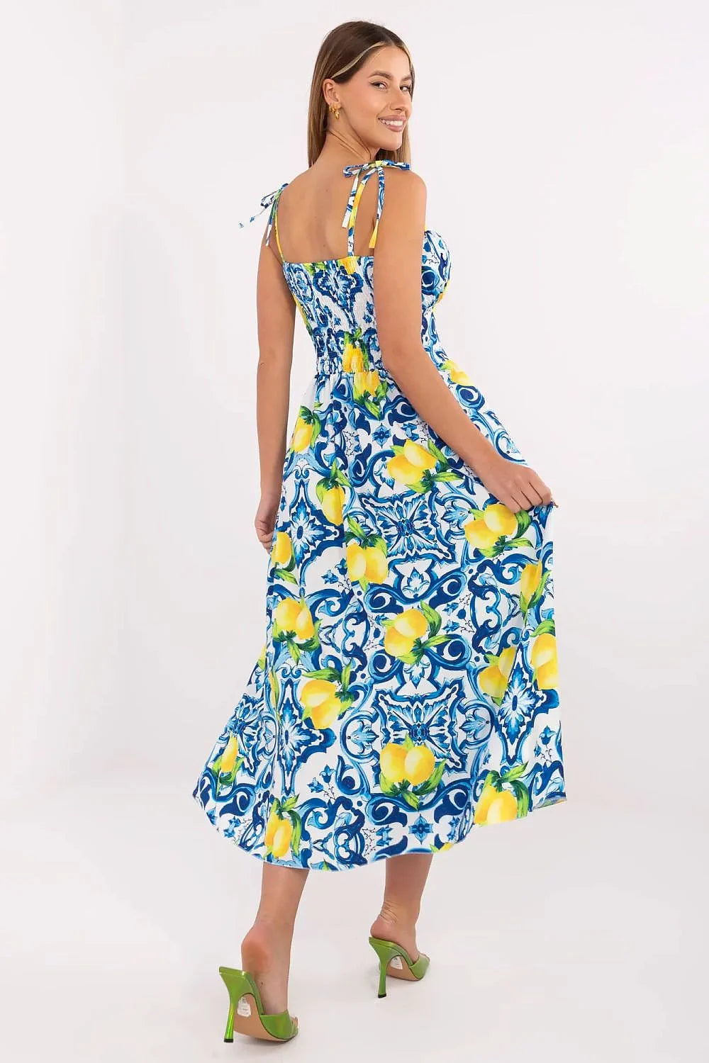 Robe été Italy Moda imprimé floral géométrique vibrant midi coton ajusté bretelles corset