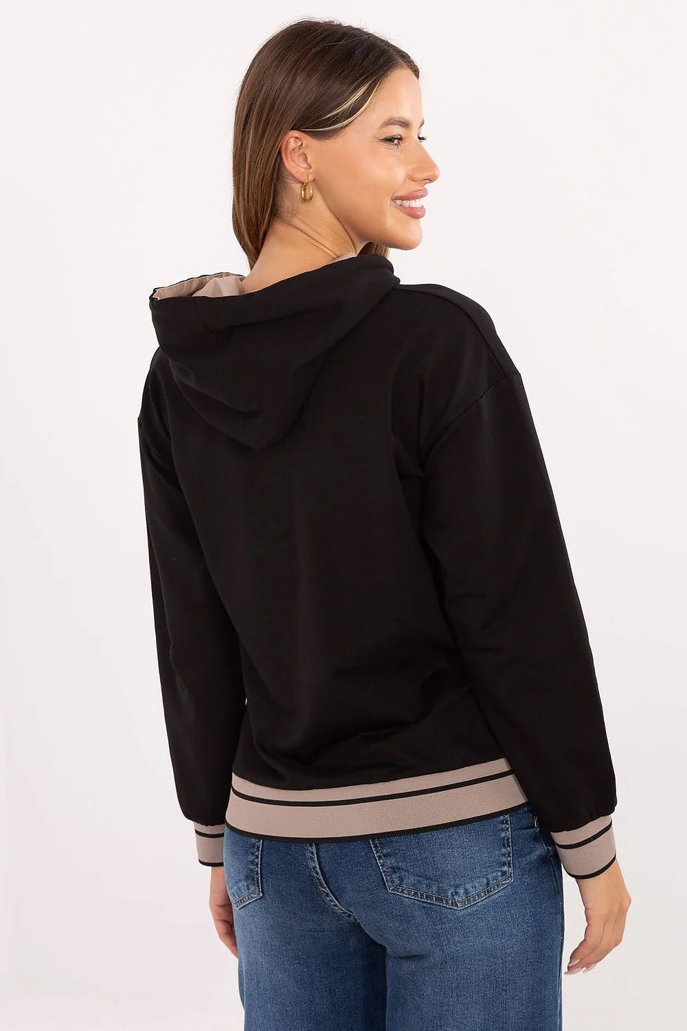 sweatshirt femme relaxed noir capuche doublée beige cordon contrastant coton elasthanne extensible molletonné doux broderie poitrine poignets côtelés rayures beige