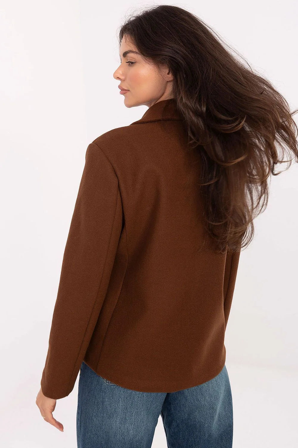 manteau femme blazer court double boutonnage marron chocolat lainage col tailleur structuré coupe boxy manches longues poches polyester