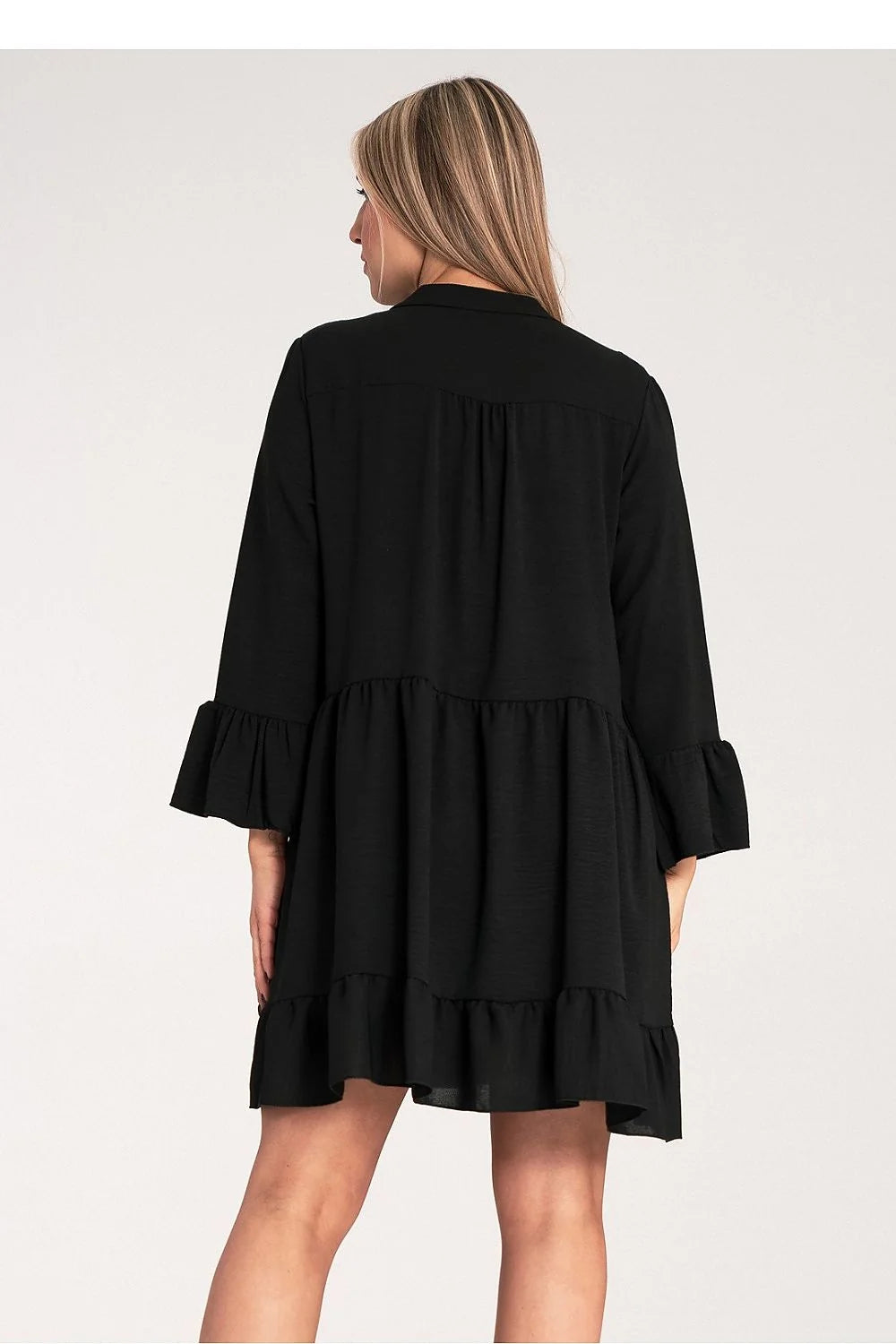 robe jour élégante fluide volants col V manches longues femme noire polyester élasthanne babydoll ample courte genou asymétrique texturé confortable
