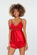 Ensemble sexy lingerie femme DKaren satin dentelle rouge vif ajusté décolleté V bretelles fines court ajustable