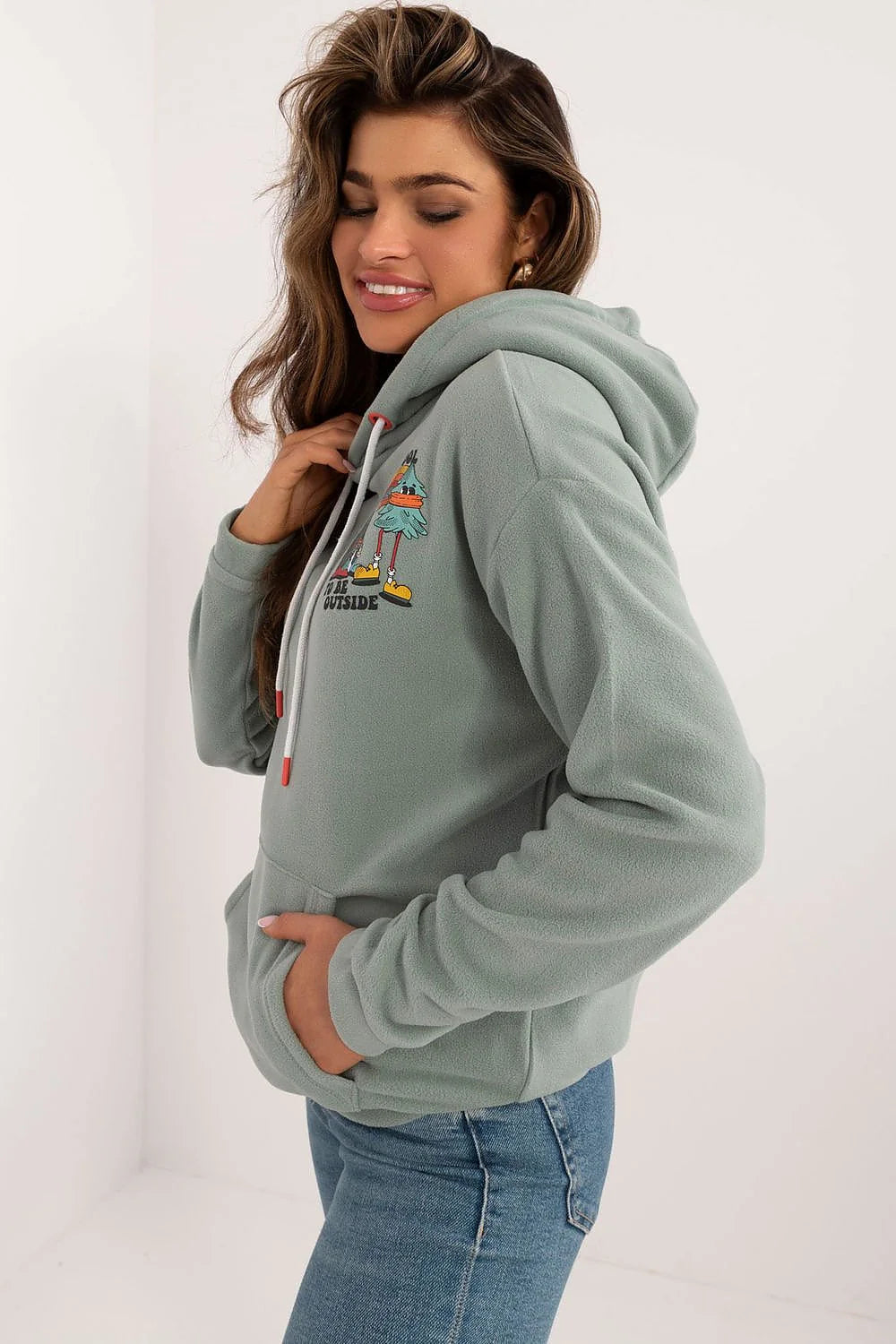Sweatshirt Sublevel femme casual vert sauge design graphique manches longues capuche polyester fonctionnel moderne usage quotidien