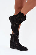 bottines femme suédine écologique noires perforées ajourées bohème chic bout arrondi tige ajustée fermeture zippée talon bas antidérapante doublure chaude