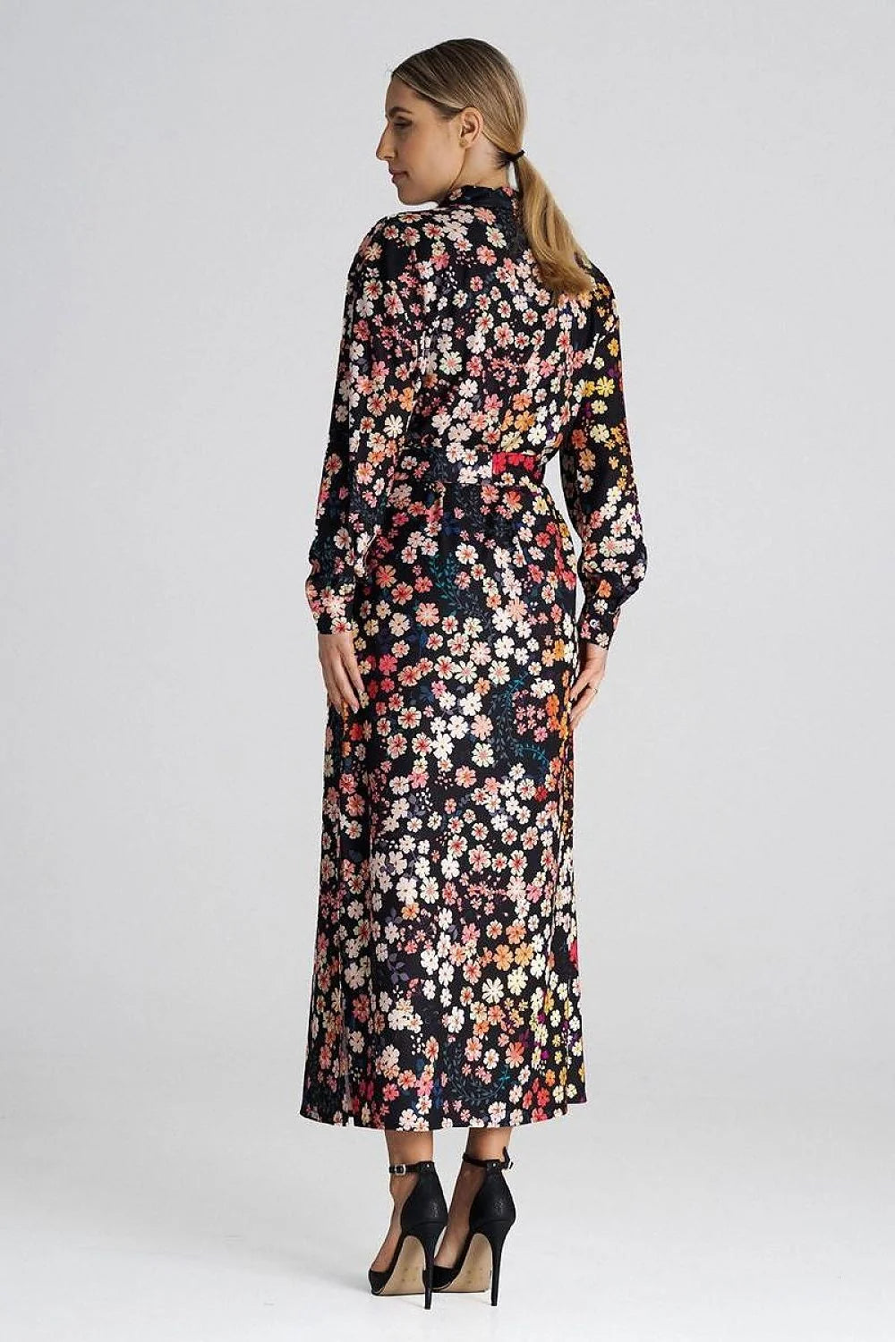 Robe longue à motifs floraux élégante chemise manches longues ceinture fente sexy polyester 97% femme