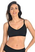 brassière noir microfibre douce coton lycra respirante bonnets emboîtants coutures verticales bretelles fines réglables bande élastique souspoitrine finition festonnée coupe