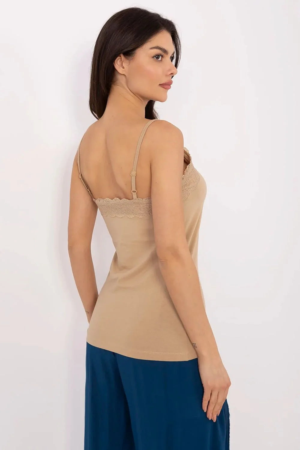 Ensemble mode féminin débardeur jupe longue bohème élégant beige nude bleu profond dentelle bretelles ajustables corde tressée perles pampilles