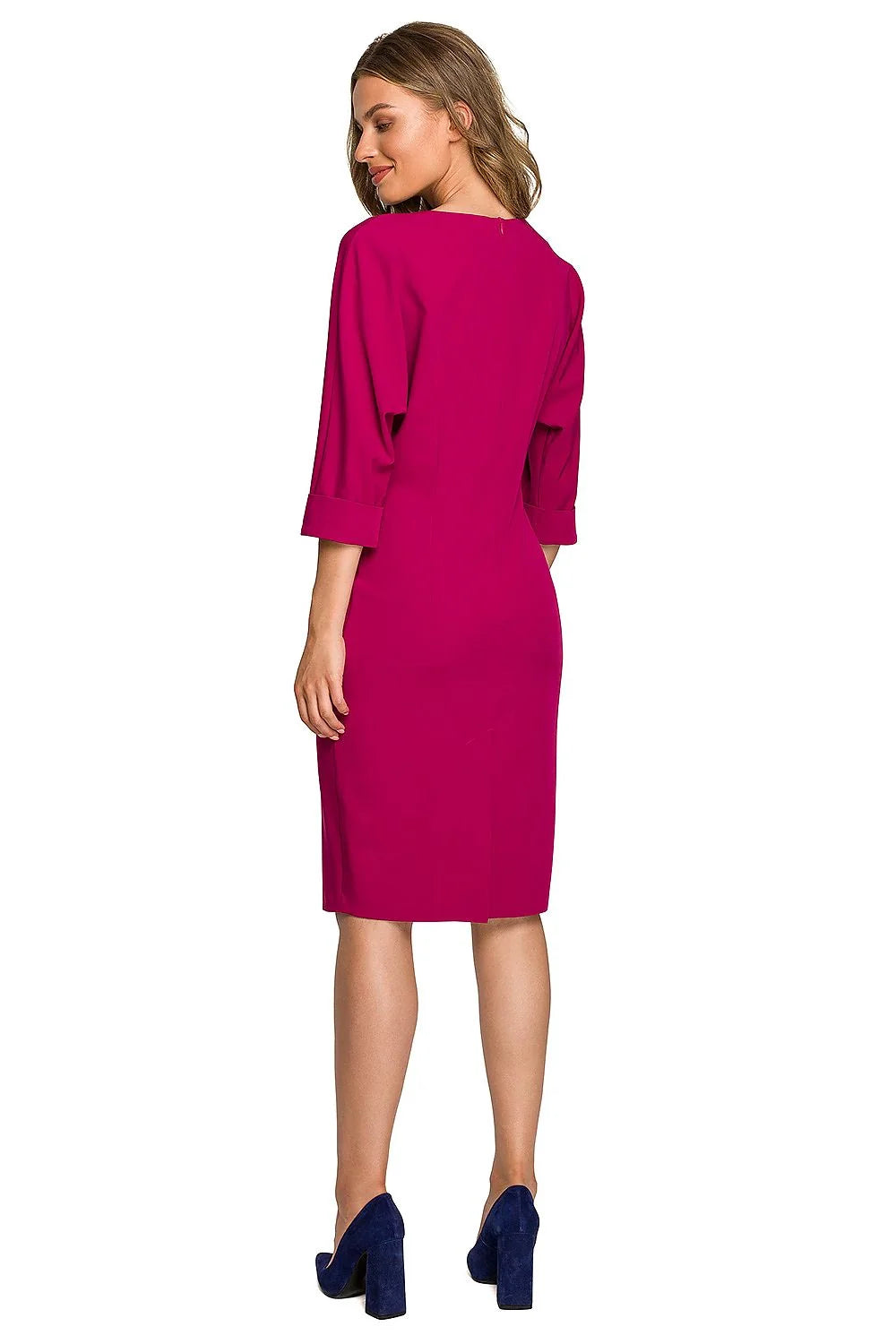 Robe classique élégante pour femme en vert émeraude, coupe droite, manches 3/4, col rond, fermeture éclair dissimulée, polyester, viscose, élasthanne