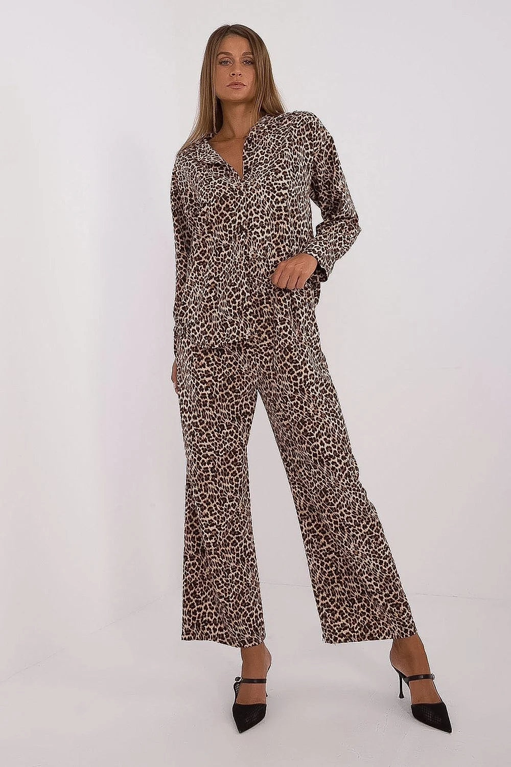 Ensemble Italy Moda pour femme, chemise et pantalon assortis, motif léopard, style chic, confortable, occasionnels formels et casuals, matériau polyester et élasthanne, taille haute, manches longues, col boutonné