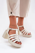 sandales talons block cuir synthétique verni blanc cassé brides multiples fisherman boucle réglable chaîne cheville plateforme semelle crantée confort élégant