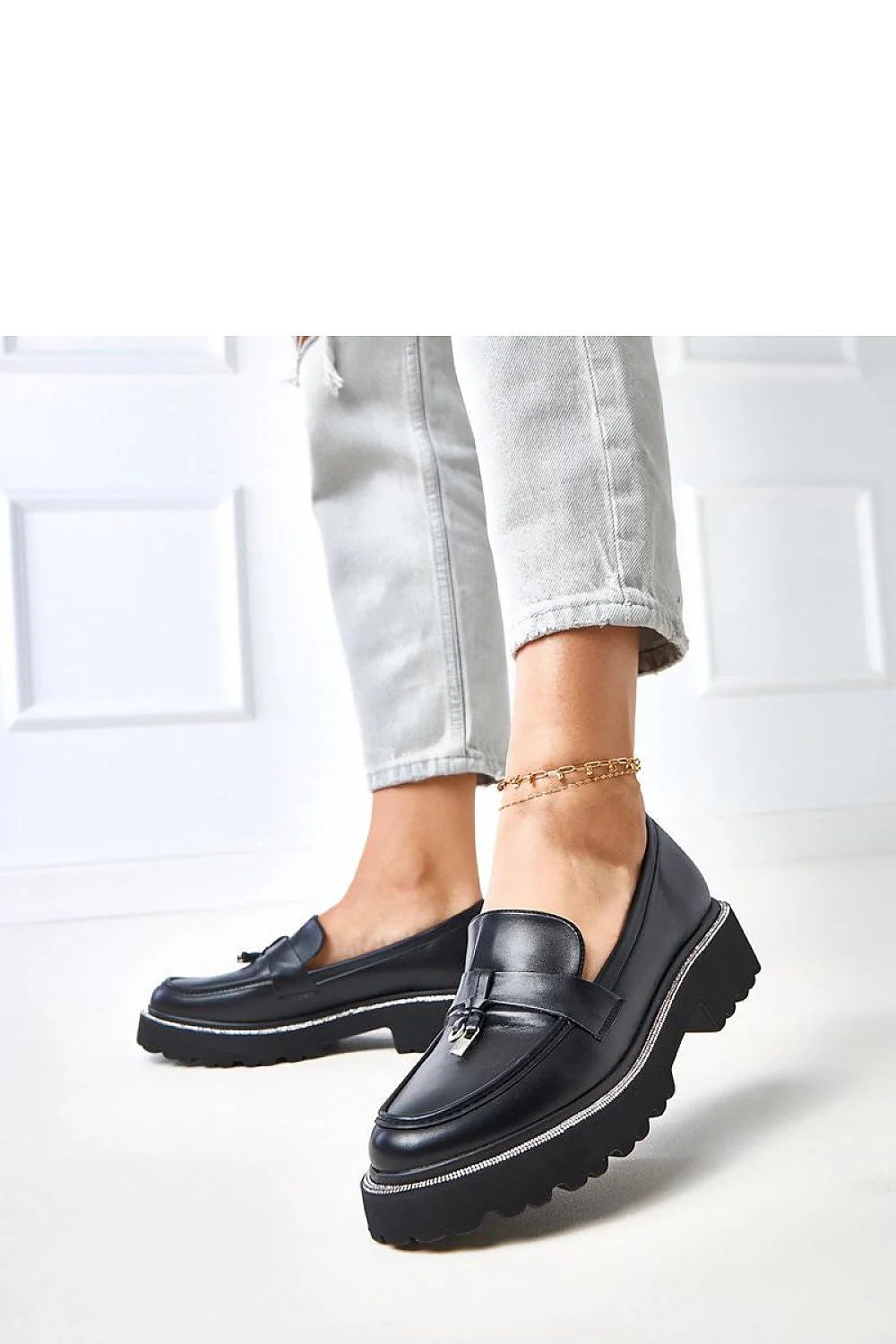 mocassins femme élégants cuir écologique noir bout rond ornement métallique zircons slipon confort quotidien talon 35mm semelle crantée